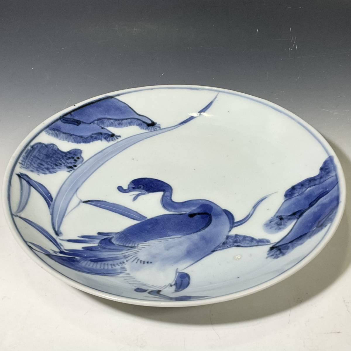 A 藍九谷寛文期大きな水鳥水際図七寸皿②