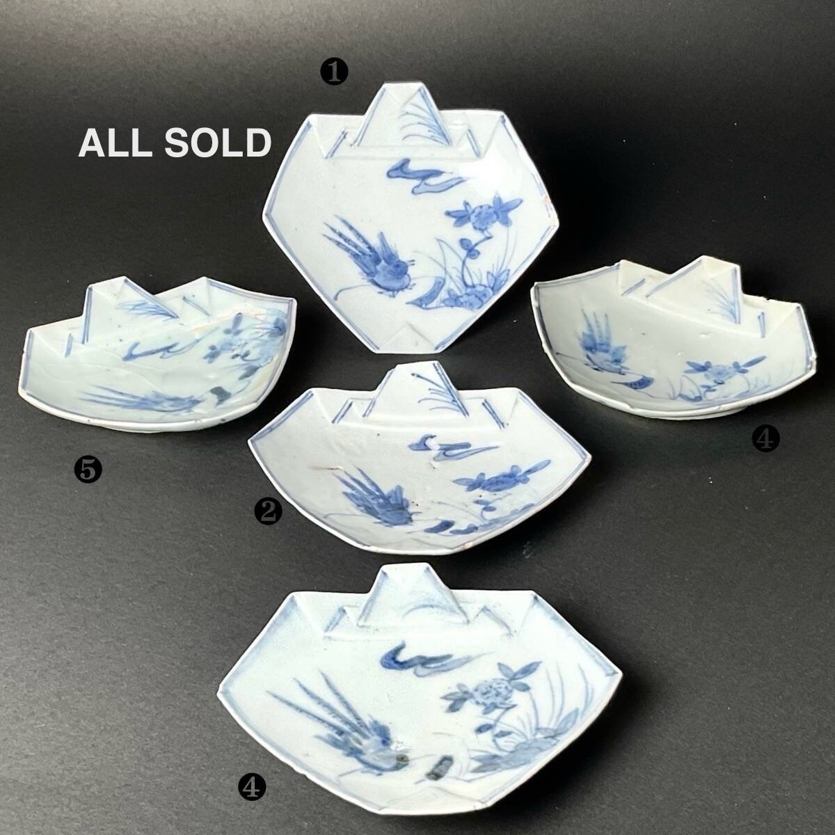 SALE 初期伊万里 雉 草花 折紙形 三寸小皿