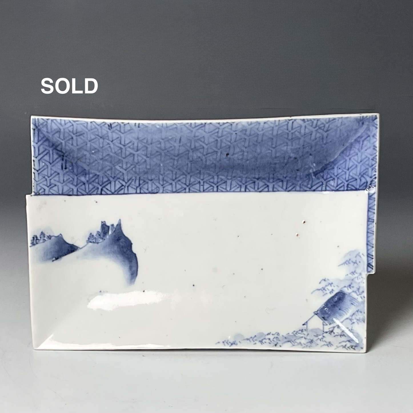 SALE 藍九谷 東屋山水 毘沙門亀甲地紋 短冊形 端皿 平向付