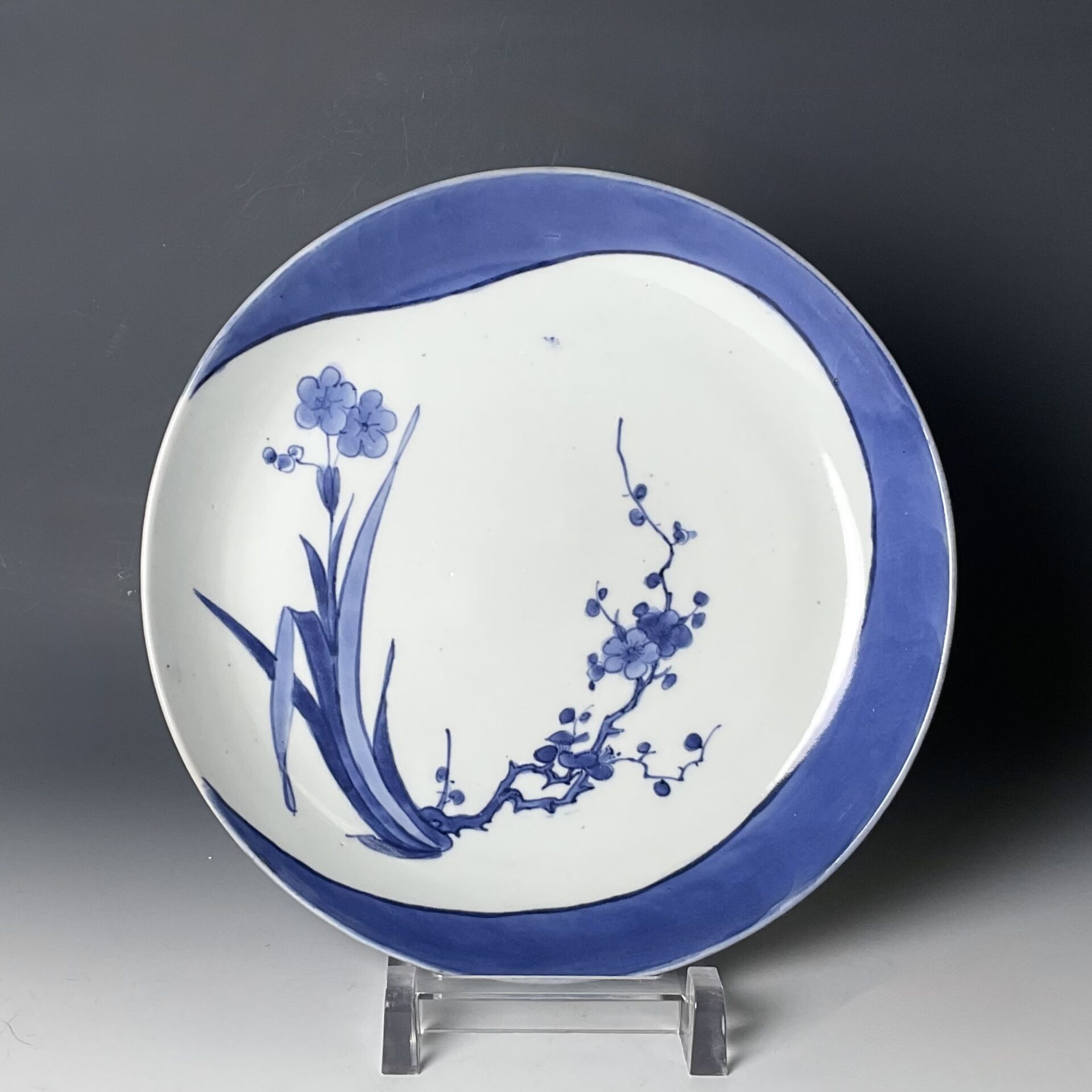 A 藍九谷水仙梅花薄濃七寸皿