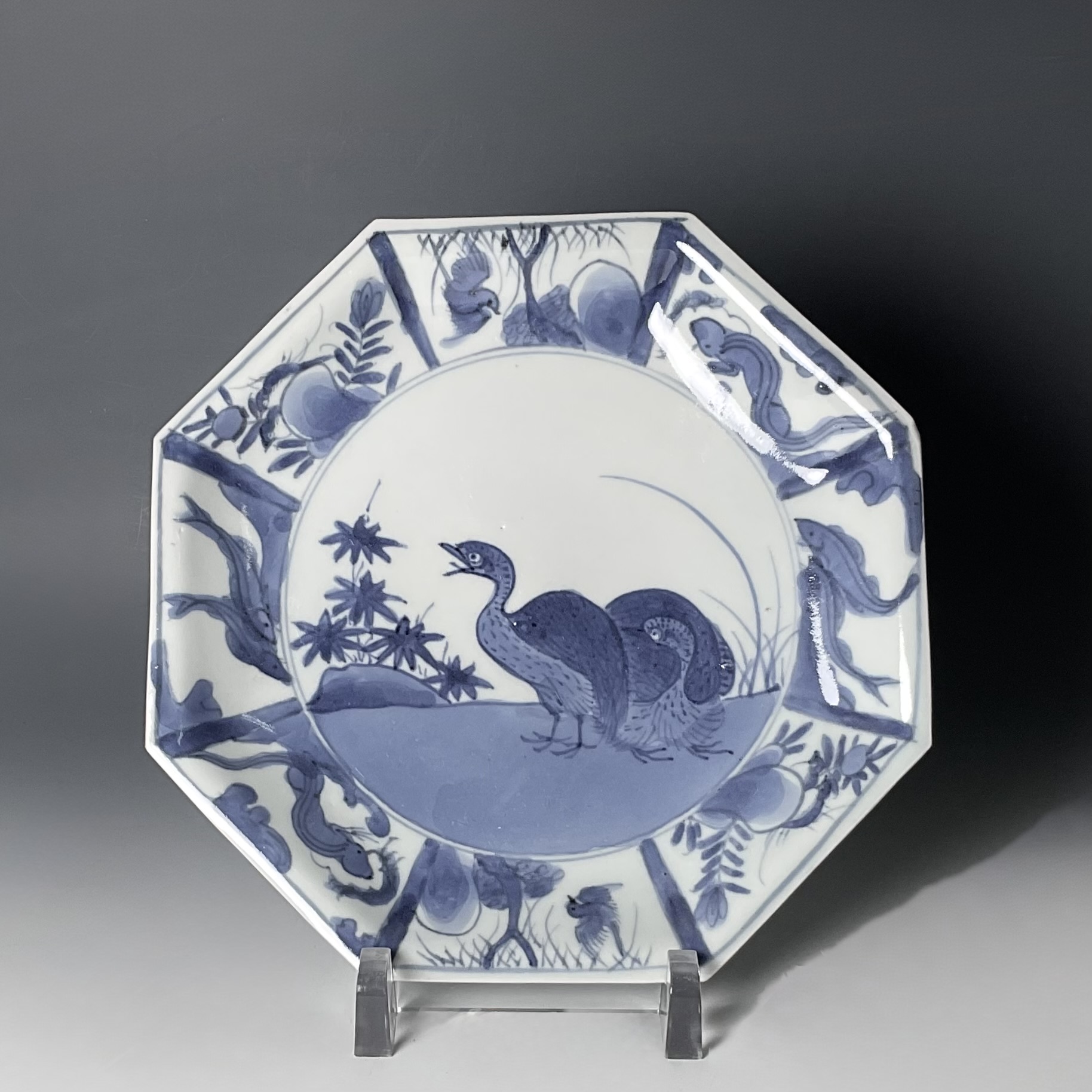 A 藍九谷雁八角七寸皿