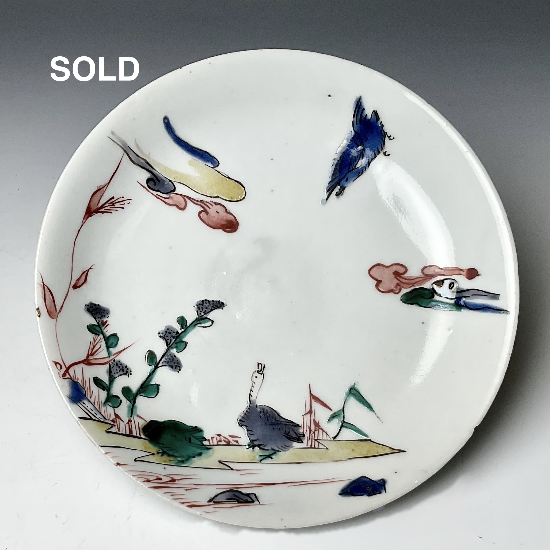 A 五彩手古九谷雁水辺図五寸皿